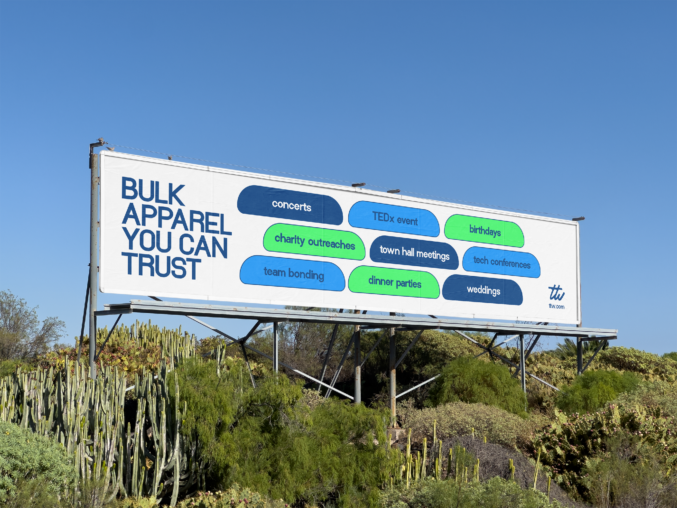 Bulk apparel billboard showcasing product categories